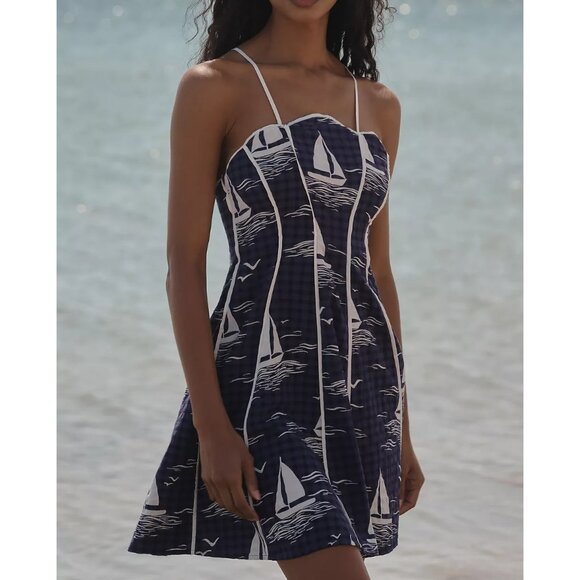 Anthropologie Celandine Scallop Piped Mini Dress Ship Print Nautical L - Picture 2 of 4